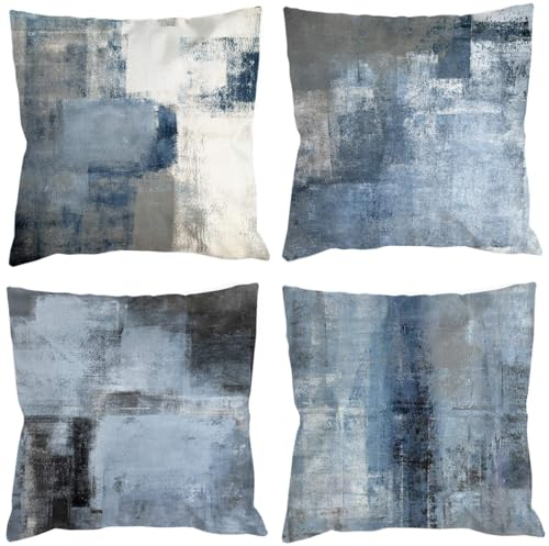 Blau Grau Kissenbezug 45x45 4er Set kissenbezüge Dekokissen Modern Sofakissen Leinen Kissenhülle Abstrakte Gemälde Deko Kissen Aesthetic Couchkissen Kuschelkissen für Sofa Wohnzimmer Zierkissen