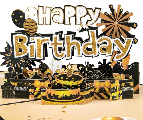 Magic Ants 3D Pop-up Geburtstagskarte, elegante schwarze und goldene Farben, mit Schokoladenkuchen, Luftballons, Geschenken und Konfetti, für Männer, Frauen, Freunde, Familie, luxuriös und festlich