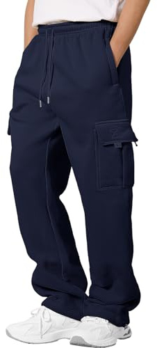 CMTOP Pantaloni Tuta Uomo Invernali Pantaloni Cargo in Pile Termici Pantalone Tuta Jogger Larghi Sportivi Pantaloni Casual Cotone Pantaloni Palestra con Tasconi e Coulisse(Marina, M)
