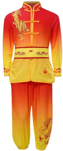 LiiYii - Camiseta de manga larga con lazo de botón + correa para pantalones uniformes Kung Fu para niña, rojo y amarillo, 13-14 Años