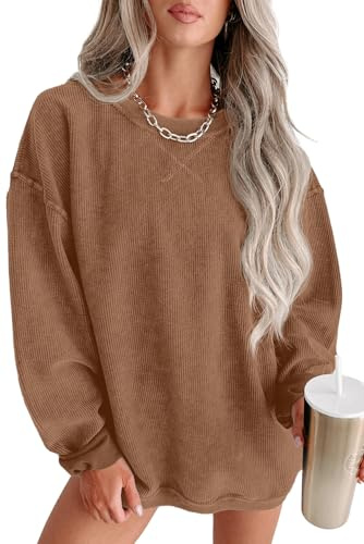 QIXING Hauts pour femmes, sweatshirts amples décontractés en velours côtelé, pulls à col rond à manches longues, marron, XXL