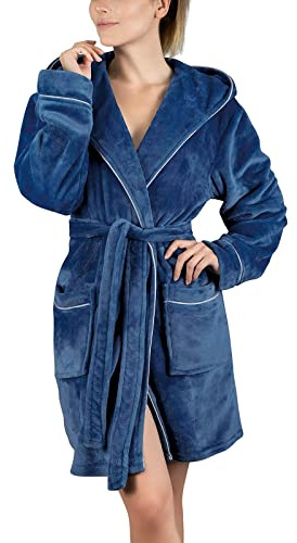 Accappatoio da donna in pile felpato con cappuccio, morbido accappatoio corto con cintura, accogliente e caldo abbigliamento da notte invernale, abbigliamento da casa in flanella di lusso, vestaglia