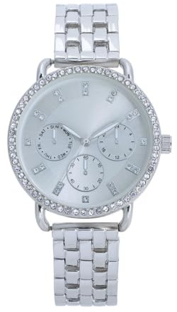 NUOVO Orologio da donna in acciaio inox color argento, con cristalli e lunetta, design cronografo, analogico, da donna, elegante, argento, Moderno