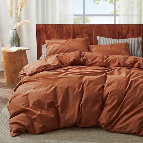 OnlySet 3Pcs Organic Linen Duvet Cover King Size, 100% French Linen from Normandy, Soft & Durable Terracotta Bedding Set Comforter Cover with 2 Pillowcases, 1 Duvet Cover with Zipper