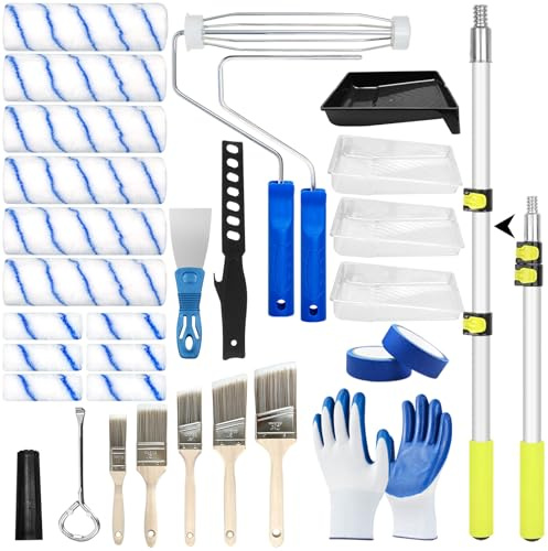 31 PCS Paint Roller Kit with Extension Pole 2 to 4 Ft,94Paint Rollers Covers Frame Tray Painters Tape Professional Long Handle Paint Brush Roller Set for Painting Walls House Corner Stain Concrete