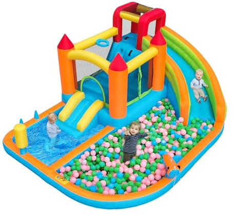 [Castillo hinchable exterior multifuncional] con soplador, tobogán acuático + trampolín + cesta de baloncesto + pistola de agua, 2 zonas de piscina, 1 grande y 1 tobogán pequeño