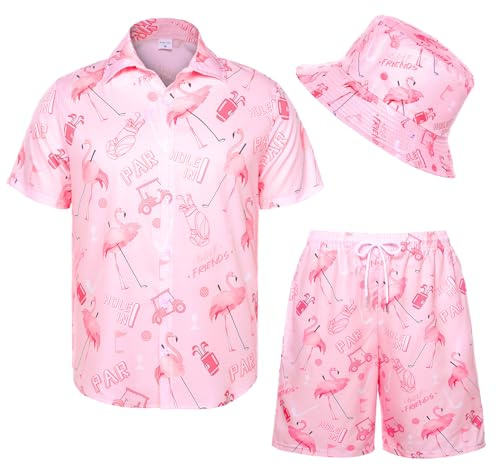 Suffolly Men's Hawaiian Shirt and Shorts Set,hawaiian shirt shorts hat,Men's Beach Flamingo Print Shirts Set with Hat for Tropical Beach Holiday Shirts