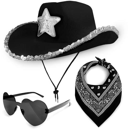Cowboy Hat 3 Piece Set for Women – Sequin Western Hat, Paisley Bandana & Heart Sunglasses Cowgirl Costume Accessories for Fancy Dress Festivals