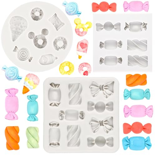 3 PCS Candy Theme Fondant Moulds Candy Cake Decoration Ice Cream Silicone Mould Cake Chocolate Moulds for DIY Cake Decoration Chocolate Candy Polymer Clay Crafting Projects