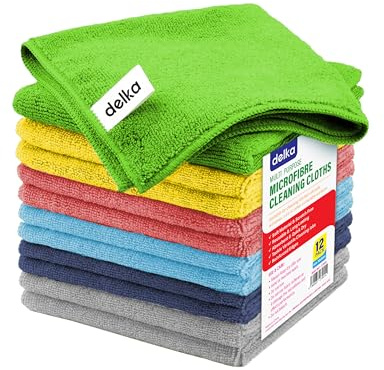 delka Microfibre Cleaning Cloths –Multi-Purpose, Ultra Soft & Lint-Free –Reusable, Streak-Free for Kitchen, Car, Glass, Windows & Electronics (Assorted, 12 Pack)