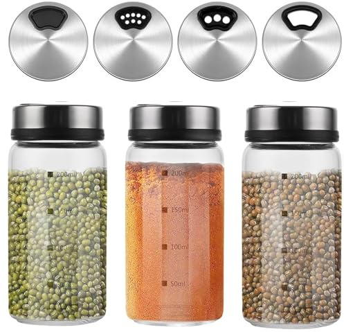 3 Stück Gewürzgläser mit Drehdeckel - Salzstreuer 200ml, Streuer Gewürze mit 4 Gewürzlöchern,Gewürzgläser Glas,Gewürz Gläser, Praktische Salzstreuer Gewürzdosen für Küche, Grillen, BBQ und Kochen