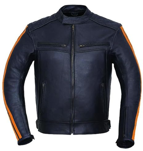 Jet Roadline Roadline - Chaqueta protectora de piel de vacuno auténtica para hombre, color negro, con rejillas de ventilación y puños con cremallera, naranja, XL