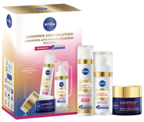 NIVEA LUMINOUS630 Gesichtspflege Set, Tagespflege (50 ml), Nachtcreme (50 ml) & Intensiv Serum (30 ml) gegen Pigmentflecken, Pflegeset für ebenmäßige und strahlende Haut