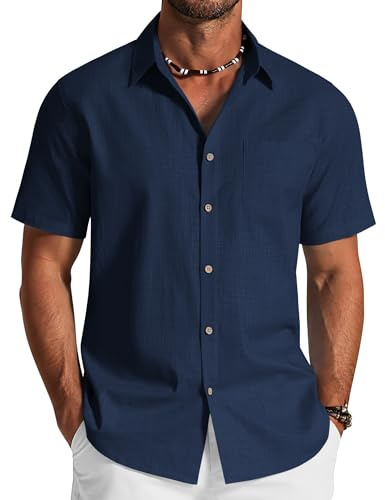 COOFANDY Herrskjorta kortärmad bomull fritidsskjorta lätt sommarskjortor casual strandskjorta normal passform, Mörkblå, XXL