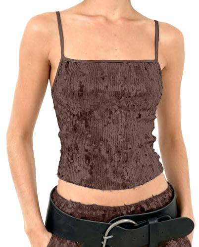Top da donna con brillantini, abbigliamento sexy a bandeau con paillette, top in argento, scollo a V, in tinta unita lucida, top per feste, carnevale, costume da discoteca, O marrone, S