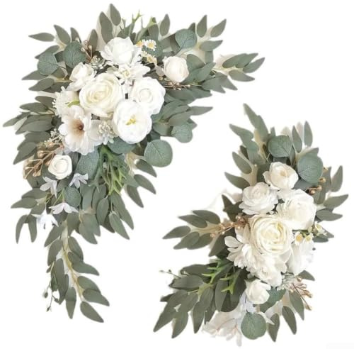 EcoLivzen Coppia di Fiori di peonia Bianca per Decorazione di Archi Nuziali ricevimenti Sfondo Cerimonia Ghirlanda Floreale con Foglie realistiche