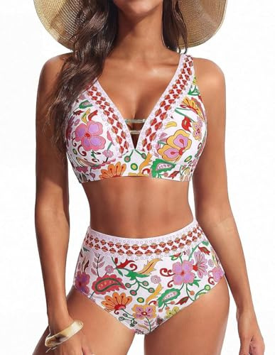 Hanna Nikole 2 Piece Cutout Swimsuit,V Neck Bathing Suits,Retro Push up Swimming Custom,Sexy Swimwear Tummy Control Beachwear,Women High Waist Bikini Sets