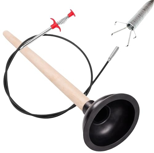 Desatascador Tuberias con mango de madera + Cable Desatascador 2m con Pinza - Desatascador Fregadero, WC y Ducha – Plunger, Manual Potente para atascos - Solución Rápida, Ahorra Tiempo y Dinero.