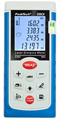 PeakTech Haute Qualité Laser Distancemètre 0,05 M. 60 m – avec affichage LCD et niveau à bulle éclairée, 1 pièce, P 2801
