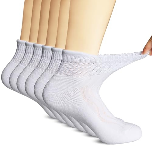 +MD Bamboo Viscose Ankle Diabetic Socks for Men & Women, 6 Pairs, Soft Cushioned, Non-Binding Loose Top, Extra Wide 13-15 White