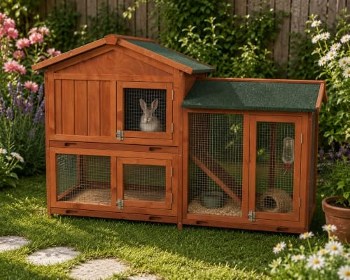 Bunny Business The Grove Red Double Decker Rabbit/Guinea Pig Hutch and Run EXTRA DEPTH WITH FLOOR (RED GROVE, NO COVER)