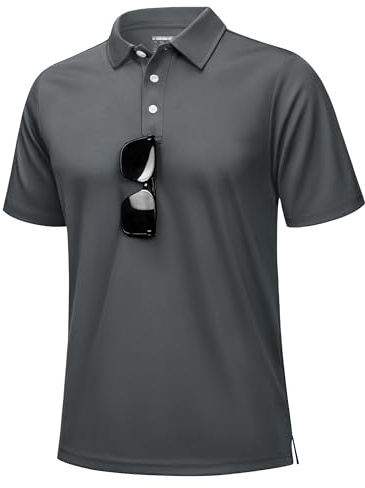 KEFITEVD Pikétröjor för män andas snabbtorkande polyester sommar golf ledig arbetströja med knapp, Mörkgrått, M