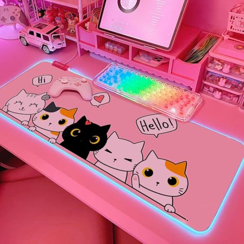 JMIYAV Pink Catr RGB Gaming Mouse Pad LED Extended Large Desk Pad Non-Slip Rubber XL XXL Pink Gaming Mouse Pad Large Mouse Pad Mousepad for Gamer 800X300mm