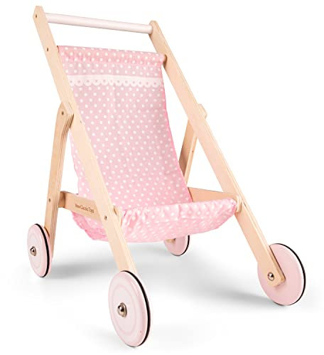 New Classic Toys Wooden Doll Stroller – Classic Toy Pram for Kids – Durable and Safe Pretend Play Accessory – Perfect for Doll Role Play and Imaginative Fun, Pink/Natural