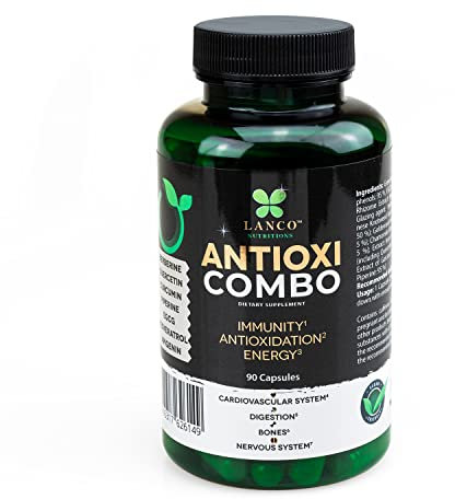 Lanco AntiOxi Combo Anti-Aging Quercetin Kurkumin, Verlangsamung des Alterungsprozesses, Stoffwechsel Beschleunigen Abnehmen, Regeneration und Beauty-Booster, Haut Haare Nägel Vitamine 90 Kapseln