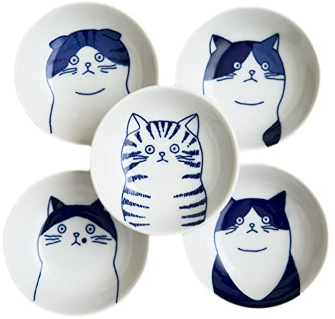 LOVE LOVE JAPAN Kleine Keramikteller mit japanischer Katze, 5 Stück, tolles Geschenk für Katzenliebhaber, 5 Katzen, 8,9 cm