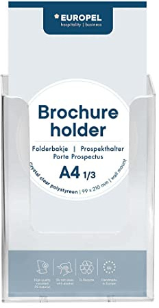 Europel Wall Mounted Brochure Holder, For 1/3 A4 Size, Clear Acrylic Literature Stand & Dispenser, Booklet, Flyer & Menu Display & Dispenser for Office, Restaurants & Reception, Portrait