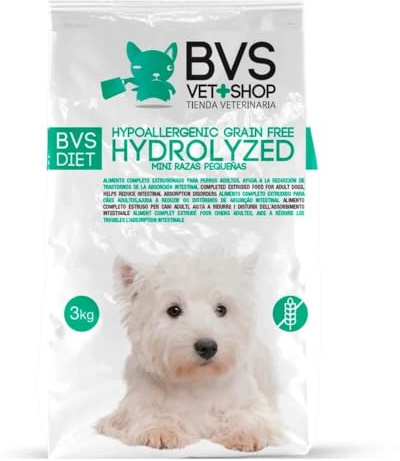 BVS Vet Shop | Diet Mini Razas Pequeñas Hydrolyzed Hypoallergenic Grain Free para Perros | para síntomas de intolerancias y alergias asociadas a Alimentos | Razas Pequeñas | 3 kg