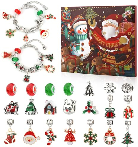 24 Weihnachts Countdown Armbänder Maker Kit für Weihnachts Countdown Adventskalender 24 Tage DIY Weihnachtsarmband Geschenk 22 Charm-Perlen und 2 Armbänder für Mädchen