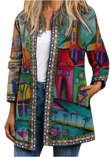NZYIHAO Chaqueta vintage para mujer, chaqueta larga de entretiempo, tallas grandes, multicolor, chaqueta de otoño con frente abierto, chaqueta de punto de manga larga, abrigo de entretiempo, estilo