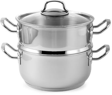 H&H Alessandro Borghese Vaporiera in Acciaio Inox 18/10, Triplo Fondo, 22cm, con Coperchio in Vetro e Cestello in Acciaio Inox