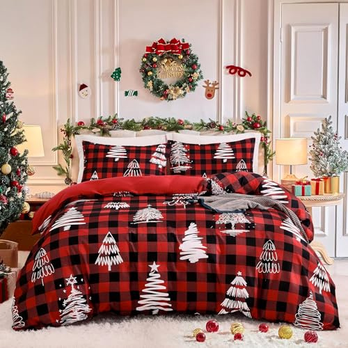Guchuang Bedding Red Christmas Duvet Cover Set King Size Grid Checkered Bedding Set Ultra Soft Microfiber Christmas Trees Printed Quilt Cover 220x230cm with 2 Pillowcases