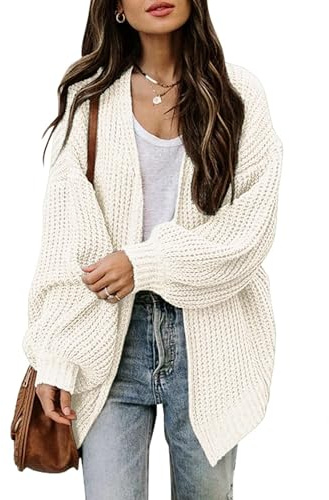 Jhsnjnr Suéter de punto grueso con frente abierto para mujer, manga larga tipo farol, cárdigan de punto de gran tamaño, beige, M