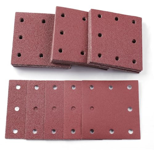 Sruhrak 50 Pieces Sandpaper, 110x115mm Sanding Sheets Stick and Peel Sanding Pads 40/60/80/120/240 Grits Set 1/4 Sander Paper for Electric Sander Polishing, Rust Removal