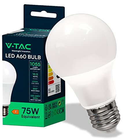 V-TAC Lampadina LED A60 con Attacco E27 potenza 10.5W (Equivalenti a 75W) - Lampadina di Nuova Generazione - 1055 Lumen - Massima Efficienza e Risparmio Energetico - Luce Bianca Fredda 6500K