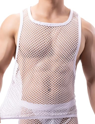 Débardeur en résille pour homme en maille transparente sans manches - Haut extensible pour entraînement, gym, sport, blanc, S
