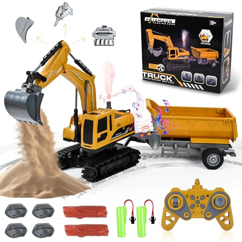 PATEMZON Excavadora Teledirigida para Niños, Excavadora de Orugas RC, Excavadoras RC con 3 Pala y Remolque, Vehículo de Construcción de Juguete Regalo de Cumpleaños de Navidad Niños