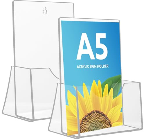 Thboxes A5 Leaflet Holder, 2 Pack Clear Leaflet Holder with Hanging Hole Acrylic Brochure Freestanding Booklet Flyer Stand for Office Restaurants Reception