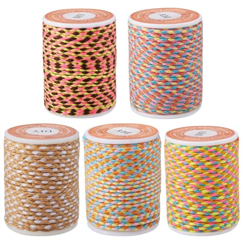 Crafans 5 Rollen 1,5 mm Polycotton-gedrehte Kordeln, 4-lagig, handgefertigt, Makramee-Baumwollseile, 5 Farben, geflochtenes Seil mit Spule für DIY, Handwerk, Stricken, Wandaufhänger, Gelb