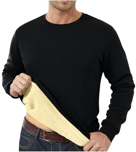 Men's Sweatshirt Fleece Jumpers Crew Neck Fleece Lined Thermal Winter Warm Pullover Sherpa Sweater Long Sleeve Plain Casual Workwear Thick Gym Fuzzy Fluffy Sweatshirt UK Black