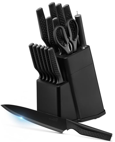 Onader Kitchen Knife Set with Block, 15Pcs Stainless Steel Knife Block Set with Honing Steel, Professional Sharp Knives Tools for Cutting, Chopping, Slicing, Easy to Clean & Heavy-Duty, Black