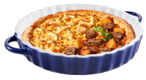 26 CM Tiefe Keramik-Kuchenform mit Griffen - Porzellan Backform Tarteform für Pie, Quiche, Tartes, Pizza, Nudeln, Grill - Antihaft-Beschichtung, Bleifrei, Mikrowellen-, Spülmaschinen-, Ofengeeignet