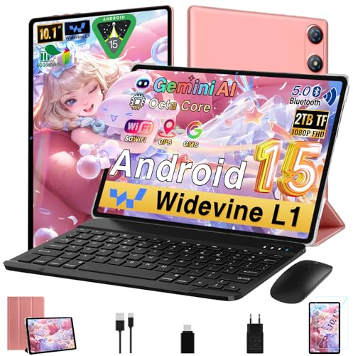 Gemini AI Tablet Android 10 Pulgadas, 64GB ROM + 2TB TF, Octa-Core, 5G WiFi, Widevine L1, GMS, Bluetooth 5.0, 5MP + 8MP, 3.5mm Audio, 1280 * 800 FHD IPS, Tablet con Teclado + Ratón + Protectora, Rose