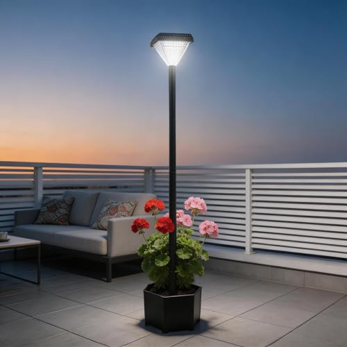 Solar Lamp Post with Planter 138cm, Tall Garden Lights Outdoor IP44 Black | 59in Floor Standing | Cold/Warm LED | Dusk-to-Dawn | Pathway Driveway Decor