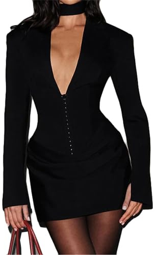 Vestido tipo blazer para mujer, cuello en V profundo, liso, fruncido, con volantes, cintura ajustada, manga larga, corte entallado, Negro, L