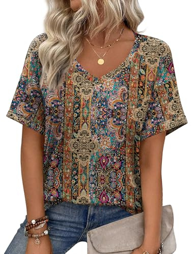 Zeagoo t-shirts för kvinnor V-hals kortärmade toppar basic t-shirt sommar vardaglig t-shirt lös blommig blus topp